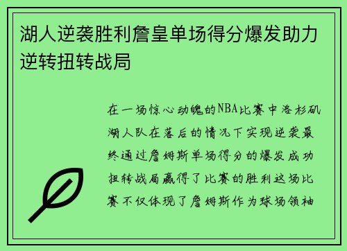 湖人逆袭胜利詹皇单场得分爆发助力逆转扭转战局