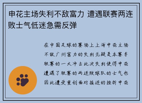 申花主场失利不敌富力 遭遇联赛两连败士气低迷急需反弹