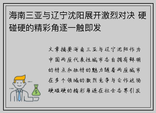 海南三亚与辽宁沈阳展开激烈对决 硬碰硬的精彩角逐一触即发