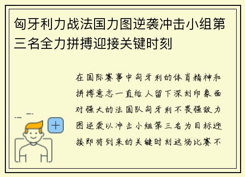 匈牙利力战法国力图逆袭冲击小组第三名全力拼搏迎接关键时刻