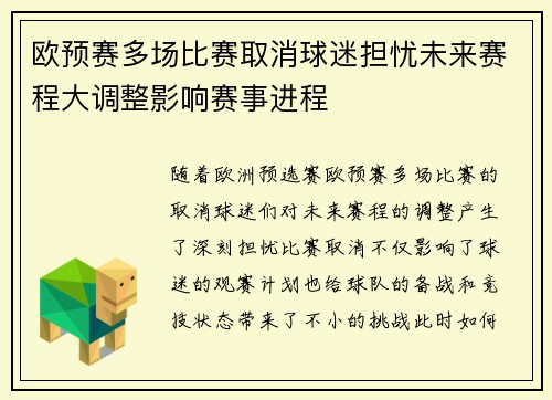 欧预赛多场比赛取消球迷担忧未来赛程大调整影响赛事进程