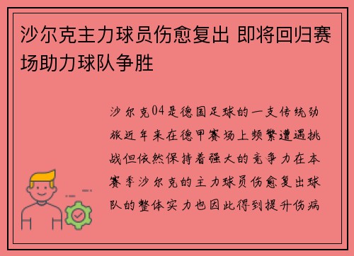 沙尔克主力球员伤愈复出 即将回归赛场助力球队争胜