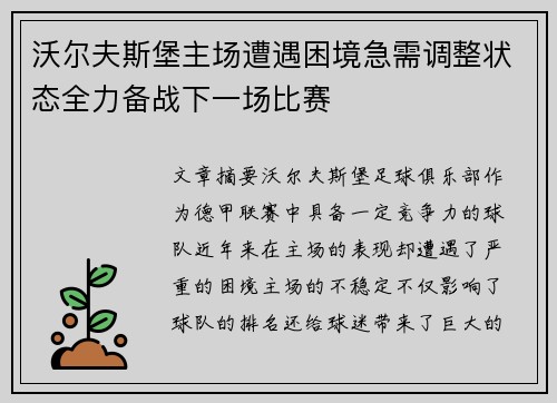 沃尔夫斯堡主场遭遇困境急需调整状态全力备战下一场比赛